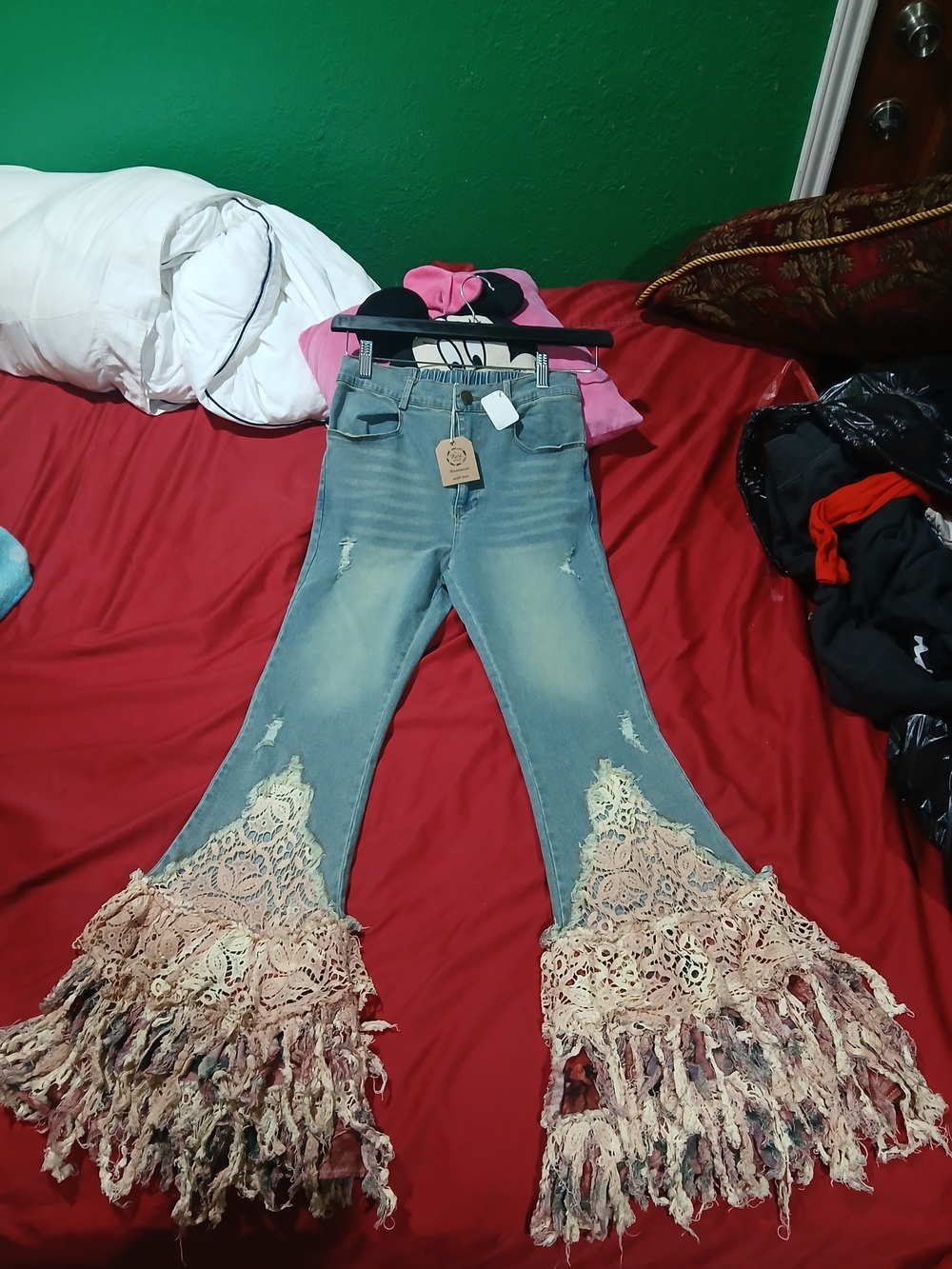 Boho Lace-Trim Light Blue Flare Jeans with Fringe